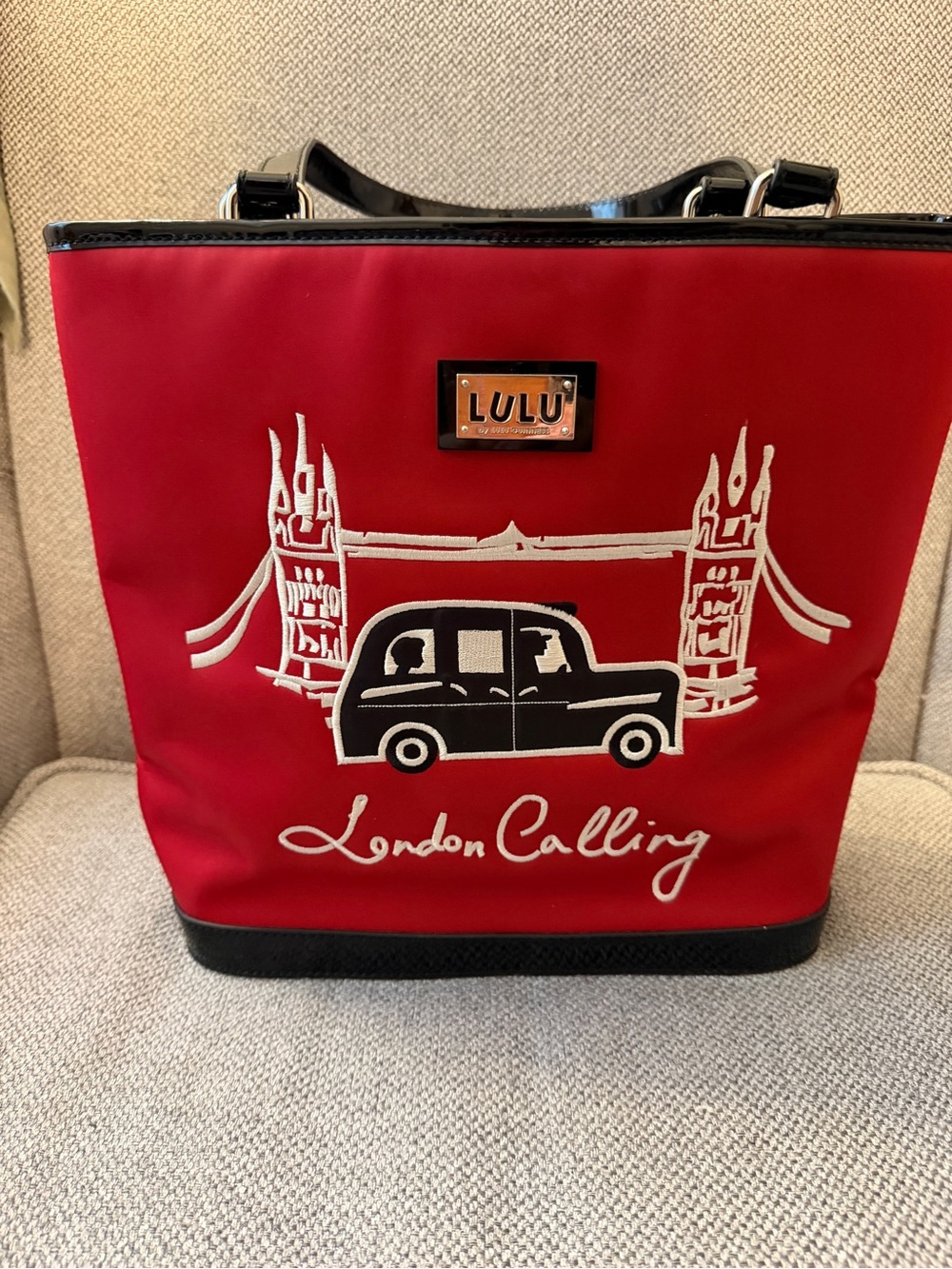 Lulu Guinness Red London Calling Tote with Black and White Accents